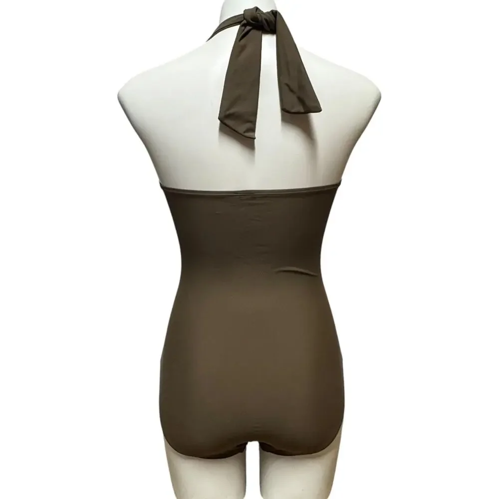 Tommy Bahama Relax Ruched Halter One Piece Swimsuit Beige Brown 8